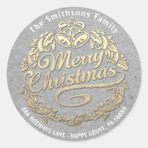 Pegatina Redonda Feliz Navidad Holly Wreath RSVP Gold Grey