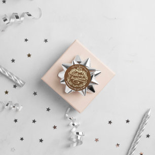 Pegatina Redonda Feliz Navidad Holly Wreath RSVP Gold Kraft Brown