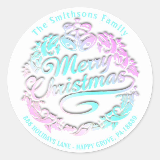 Pegatina Redonda Feliz Navidad Holly Wreath RSVP Gold Royal Bells (Anverso)