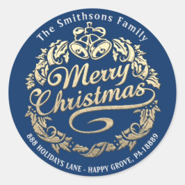 Pegatina Redonda Feliz Navidad Holly Wreath RSVP Gold Royal Blue