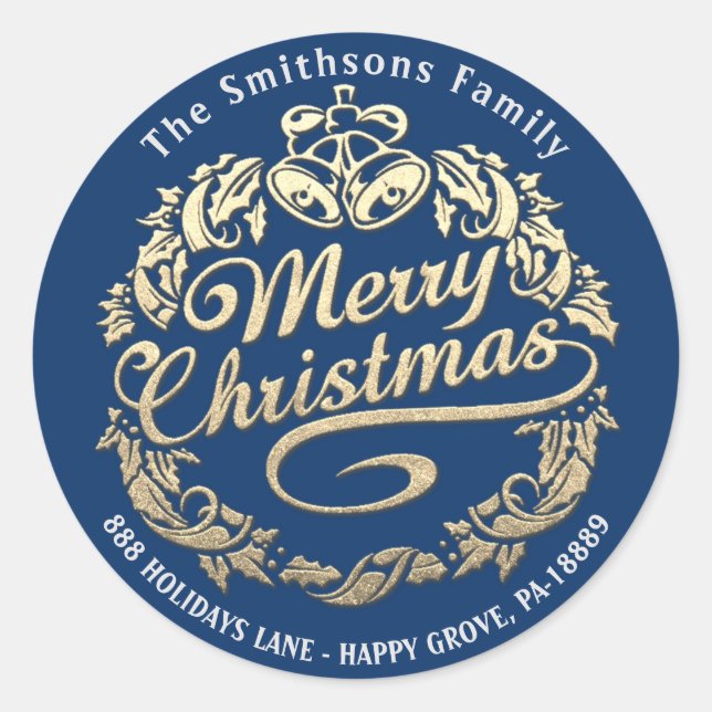 Pegatina Redonda Feliz Navidad Holly Wreath RSVP Gold Royal Blue (Anverso)