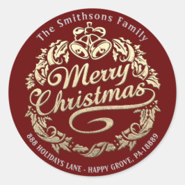 Pegatina Redonda Feliz Navidad Holly Wreath RSVP Gold Royal Red