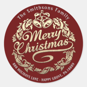 Pegatina Redonda Feliz Navidad Holly Wreath RSVP Gold Royal Red