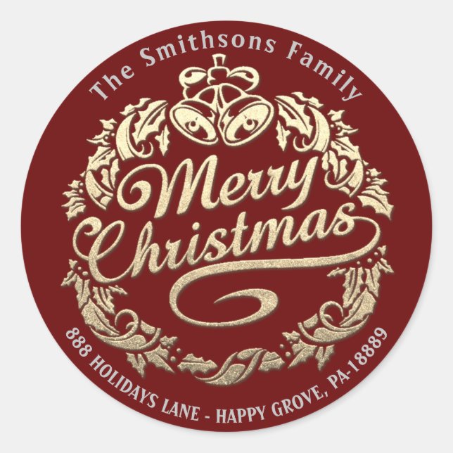 Pegatina Redonda Feliz Navidad Holly Wreath RSVP Gold Royal Red (Anverso)