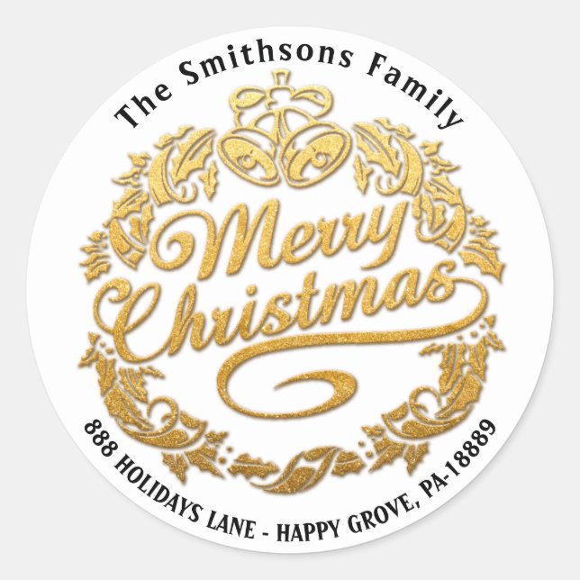 Pegatina Redonda Feliz Navidad Holly Wreath RSVP Gold Royal White (Anverso)