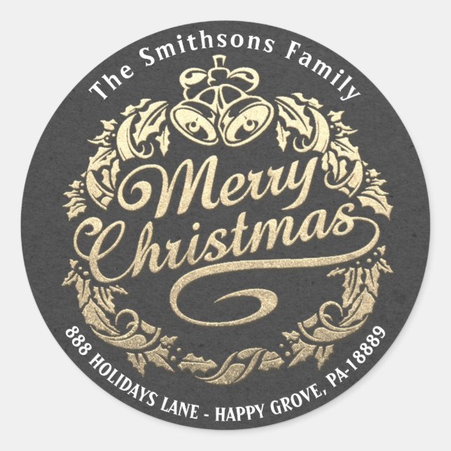 Pegatina Redonda Feliz Navidad Holly Wreath RSVP Gray Gold Kraft (Anverso)