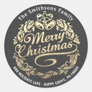 Pegatina Redonda Feliz Navidad Holly Wreath RSVP Gray Gold Kraft