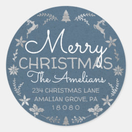Pegatina Redonda Feliz Navidad Holly Wreath RSVP Kraft Blue