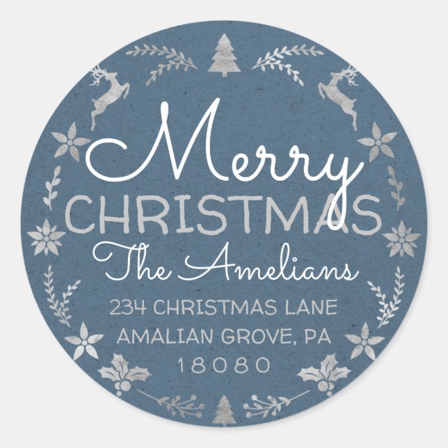 Pegatina Redonda Feliz Navidad Holly Wreath RSVP Kraft Blue (Anverso)