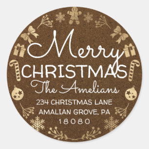 Pegatina Redonda Feliz Navidad Holly Wreath RSVP Kraft Brown