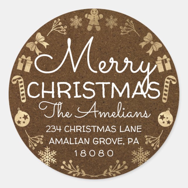 Pegatina Redonda Feliz Navidad Holly Wreath RSVP Kraft Brown (Anverso)