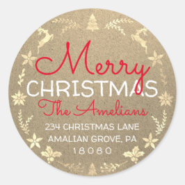 Pegatina Redonda Feliz Navidad Holly Wreath RSVP Kraft Gold