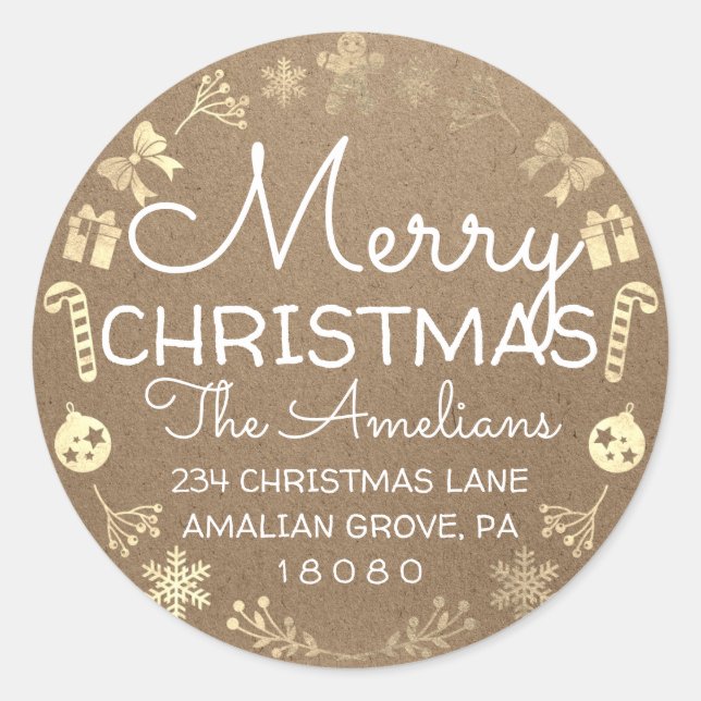 Pegatina Redonda Feliz Navidad Holly Wreath RSVP Kraft Rustic (Anverso)