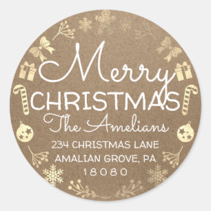 Pegatina Redonda Feliz Navidad Holly Wreath RSVP Kraft Rústico