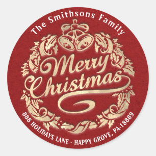 Pegatina Redonda Feliz Navidad Holly Wreath RSVP Red Gold Kraft