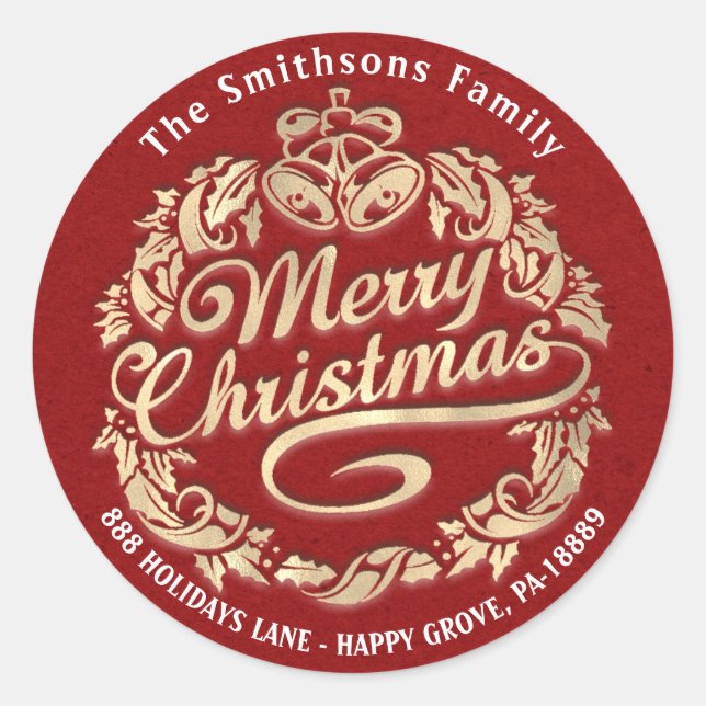 Pegatina Redonda Feliz Navidad Holly Wreath RSVP Red Gold Kraft (Anverso)