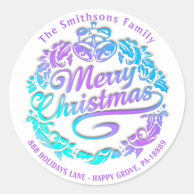 Pegatina Redonda Feliz Navidad Holly Wreath RSVP Royal Blue Ombre (Anverso)