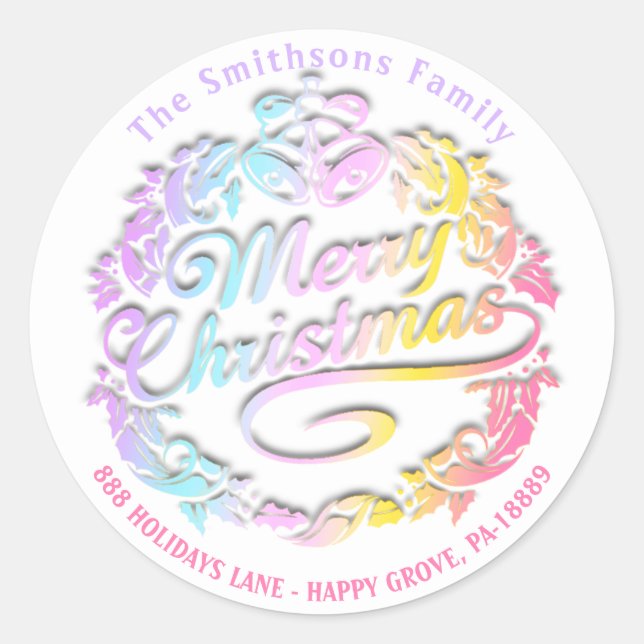 Pegatina Redonda Feliz Navidad Holly Wreath RSVP Royal Pastels (Anverso)
