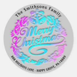 Pegatina Redonda Feliz Navidad Holly Wreath RSVP Royal Pink Ombre