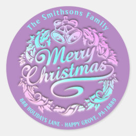 Pegatina Redonda Feliz Navidad Holly Wreath RSVP Royal Purple