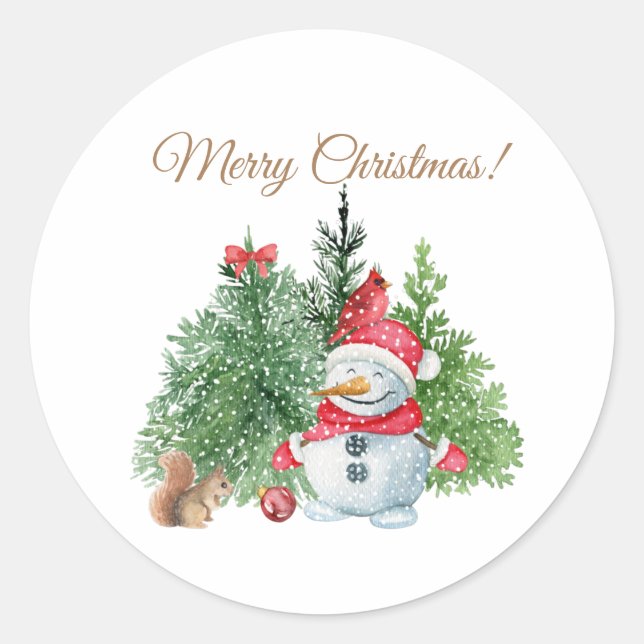Pegatina Redonda Feliz Navidad, hombre de nieve, ardilla, cardenal (Anverso)