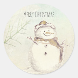 Pegatina Redonda Feliz Navidad Hombre de Nieve Copos de Nieve Invie