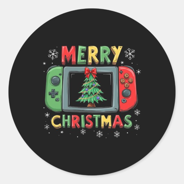 Pegatina Redonda Feliz Navidad Hombres Jóvenes Jugadores de Juegos  (Anverso)