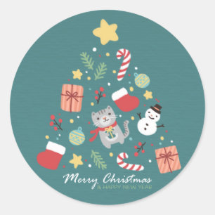 Pegatina Redonda Feliz Navidad: Ilustracion de gato y árbol