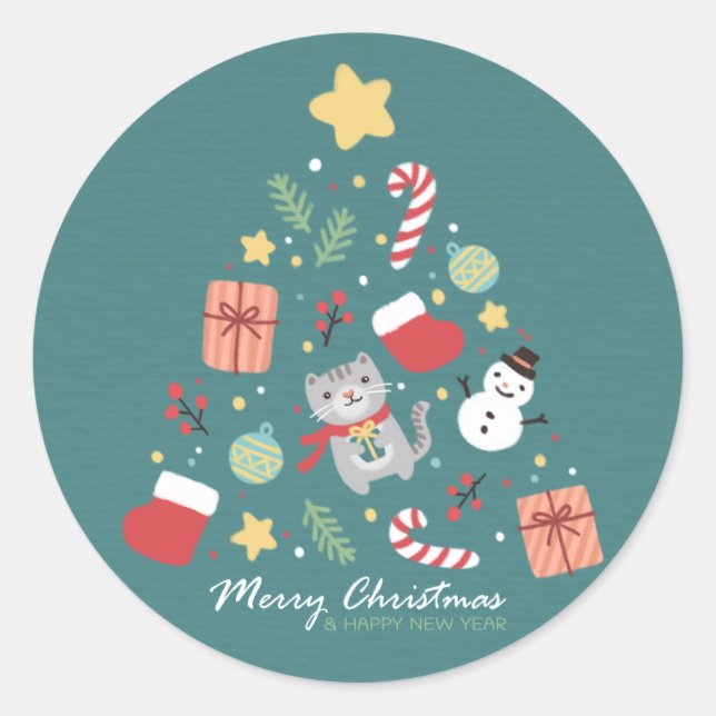 Pegatina Redonda Feliz Navidad: Ilustracion de gato y árbol (Anverso)