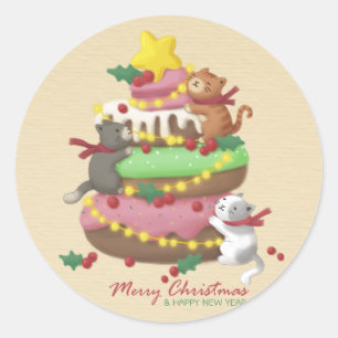 Pegatina Redonda Feliz Navidad: Ilustracion de gatos y dulces