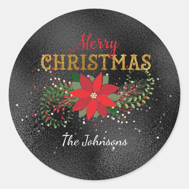 Pegatina Redonda Feliz Navidad Inglés Black Gold Glass (Anverso)