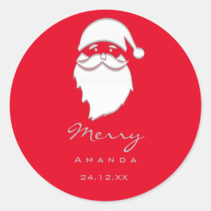 Pegatina Redonda Feliz Navidad Invierno Plata Gris Rojo Santa