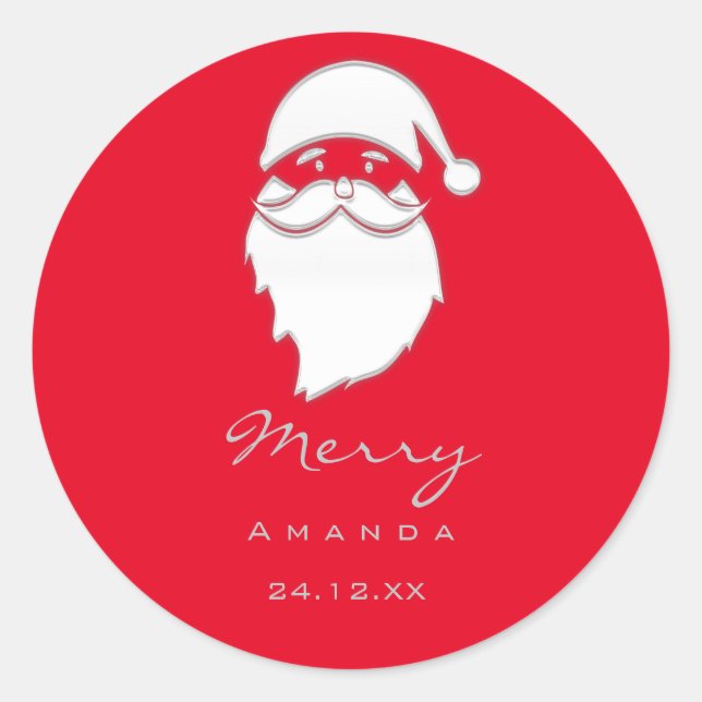 Pegatina Redonda Feliz Navidad Invierno Plata Gris Rojo Santa (Anverso)