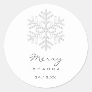 Pegatina Redonda Feliz Navidad Invierno Plata Gris Snowflake