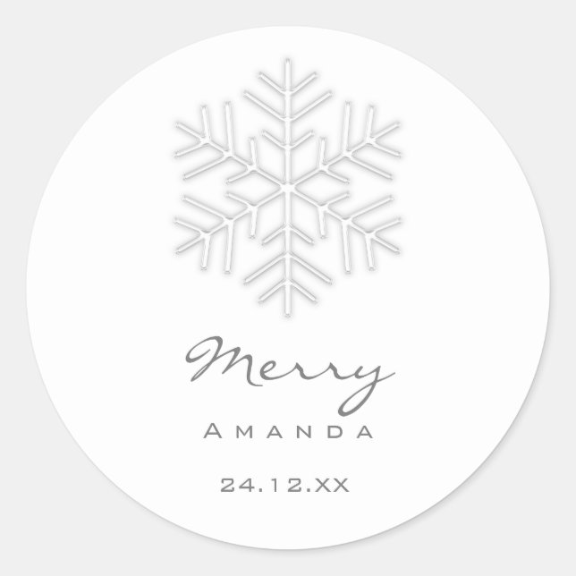 Pegatina Redonda Feliz Navidad Invierno Plata Gris Snowflake (Anverso)
