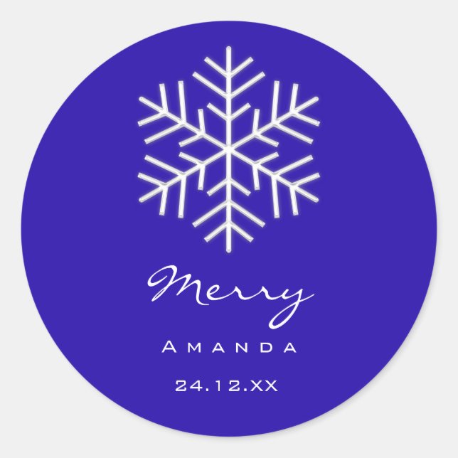 Pegatina Redonda Feliz Navidad Invierno Royal Blue Snowflake (Anverso)