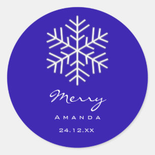 Pegatina Redonda Feliz Navidad Invierno Royal Blue Snowflake
