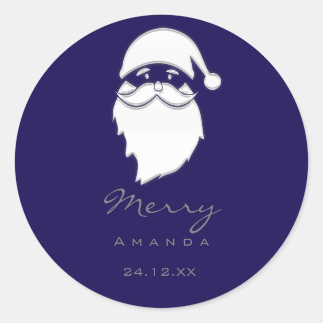 Pegatina Redonda Feliz Navidad Invierno Silver Blu Navy Santa (Anverso)