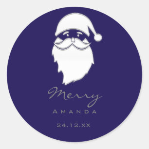 Pegatina Redonda Feliz Navidad Invierno Silver Blu Navy Santa