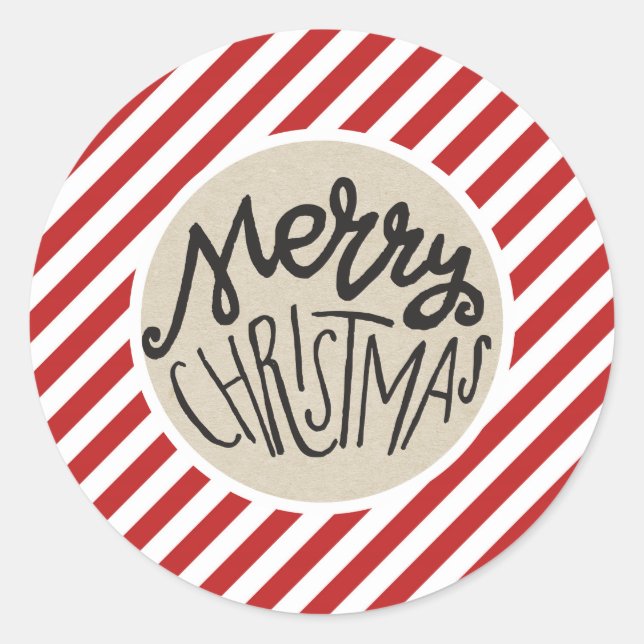 Pegatina Redonda Feliz Navidad Kraft Rústico Rojo Blanco Rayas (Anverso)