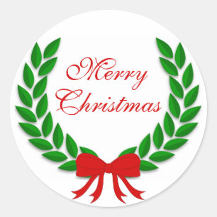 Pegatina Redonda Feliz Navidad Laurel Wreath and Red Bow