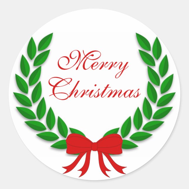 Pegatina Redonda Feliz Navidad Laurel Wreath and Red Bow (Anverso)