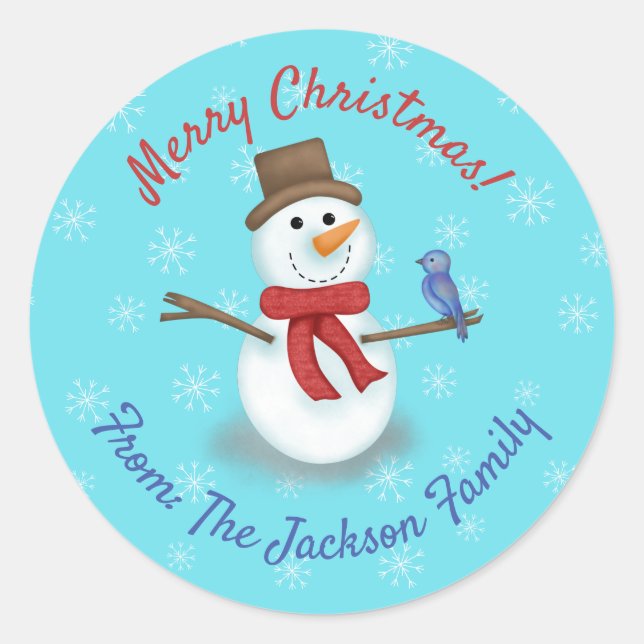 Pegatina Redonda Feliz Navidad, lindo personalizado de nieve. (Anverso)