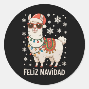 Pegatina Redonda Feliz Navidad Llama Santa Luces de Navidad Xmas