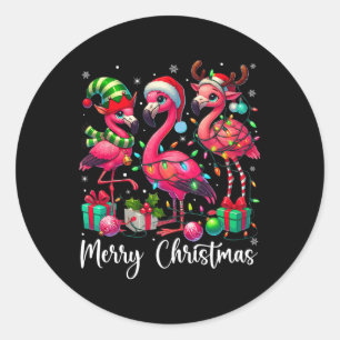 Pegatina Redonda Feliz Navidad Luces Flamingo Santa Hat Nieve Xma