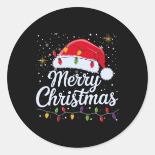 Pegatina Redonda Feliz Navidad Luces Red Santa Hat Familia de navid