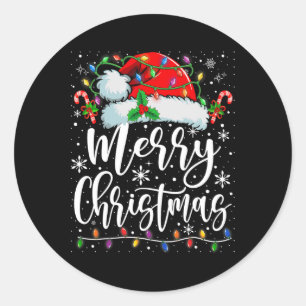 Pegatina Redonda Feliz Navidad Luces Red Santa Hat Familia de navid