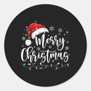 Pegatina Redonda Feliz Navidad Luces Red Santa Hat Familia de navid
