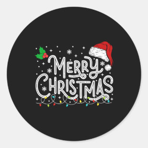 Pegatina Redonda Feliz Navidad Luces Red Santa Hat Familia de navid