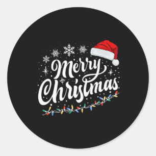 Pegatina Redonda Feliz Navidad Luces Red Santa Hat Familia de navid